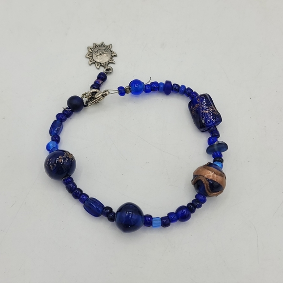 Handmade Cobalt Blue Glass Bead Bracelet Sun Charm Boho Artisan Jewelry 1990s - Picture 3 of 11